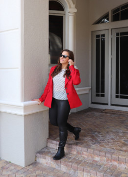 Halogen x Atlantic-Pacific Fitted Red Blazer with Spanx Faux Leather Leggings