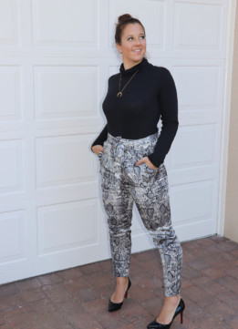 London Fashion Blogger in BB Dakota Snake Print Pants and Gorjana Crescent Pendant Necklace