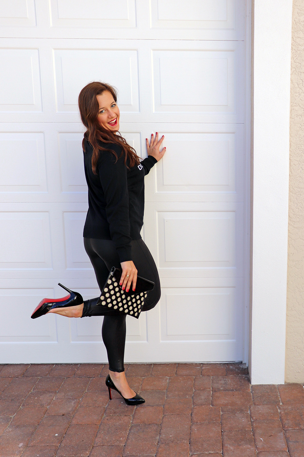 Spanx Faux Leather Leggings and Rebecca Minkoff Perf Leo Clutch and Christian Louboutin Pillage Plato 120 Pumps
