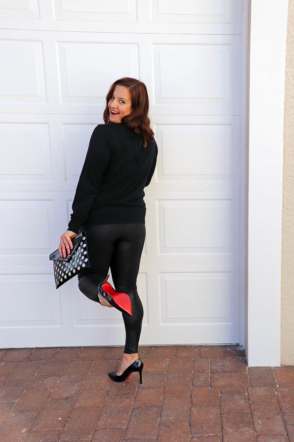 Spanx Faux Leather Leggings and Rebecca Minkoff Perf Leo Clutch and Christian Louboutin Pillage Plato 120 Pumps