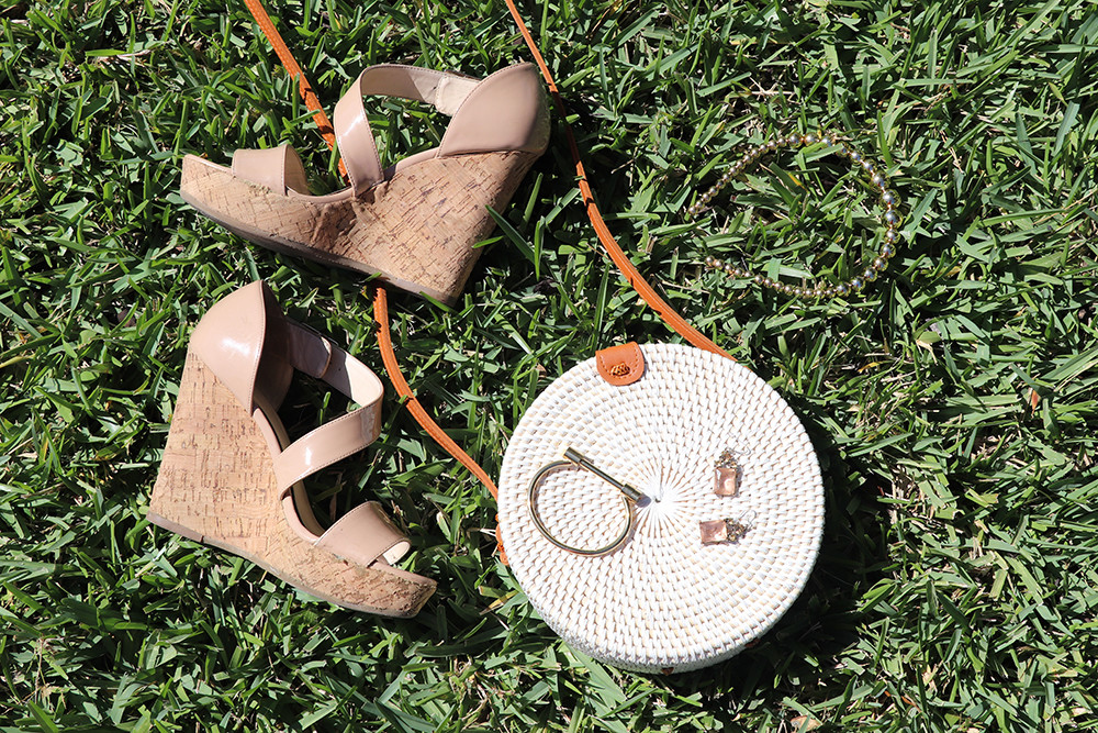 Cork Wedges and White Woven Straw Rattan Bag