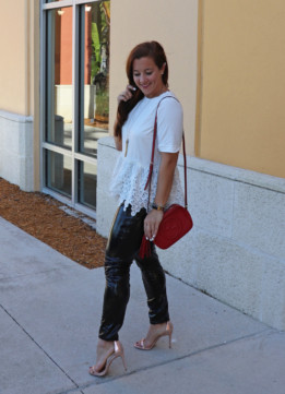 Fashion Blogger in Endless Rose Lace Tee, Vinyl Pull On Leather Trousers, and Ted Baker Pen Necklace