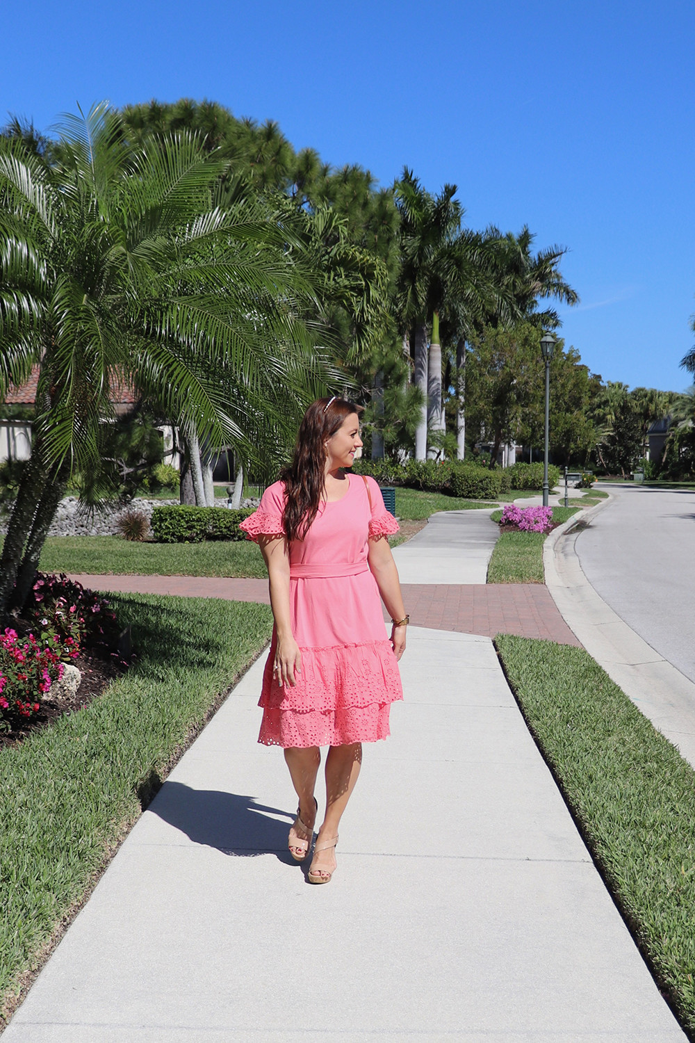 Fashion Blogger in Rachel Parcell Eyelet A-Line Dress in Pink Strawberry