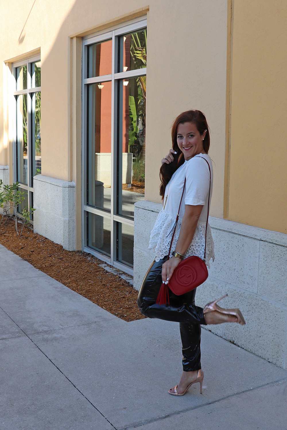 Lace Tee, Vinyl Pull On Leather Trousers, and Sam Edelman Heels in Blush Gold