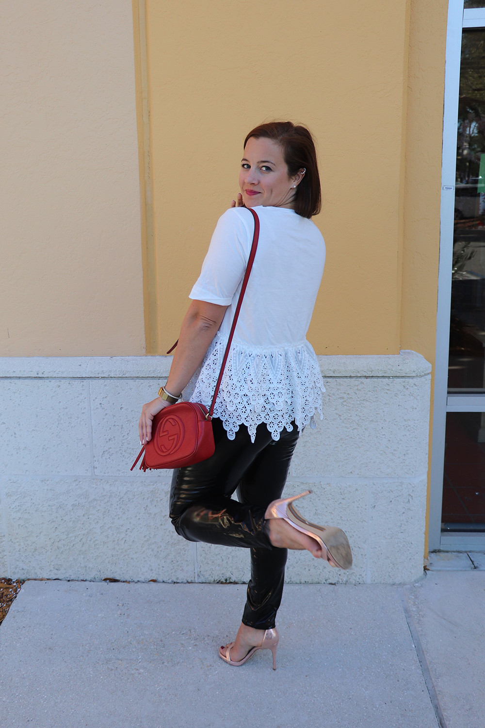 London Blogger in Endless Rose Lace Tee, Vinyl Pull On Leather Trousers, and Sam Edelman Heels in Blush Gold