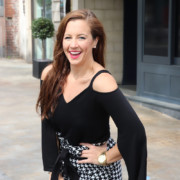 Black Long Sleeve Shirt with Cut Out Shoulders and Houndstooth Trousers