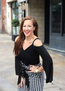 Black Long Sleeve Shirt with Cut Out Shoulders and Houndstooth Trousers