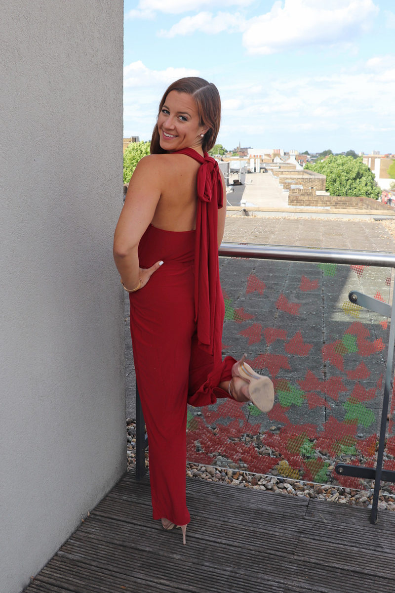 Amazon Wardrobe Review - Amazon Brand - TRUTH & FABLE Women's Bandeau Jersey Short Sleeve Jumpsuit in Red