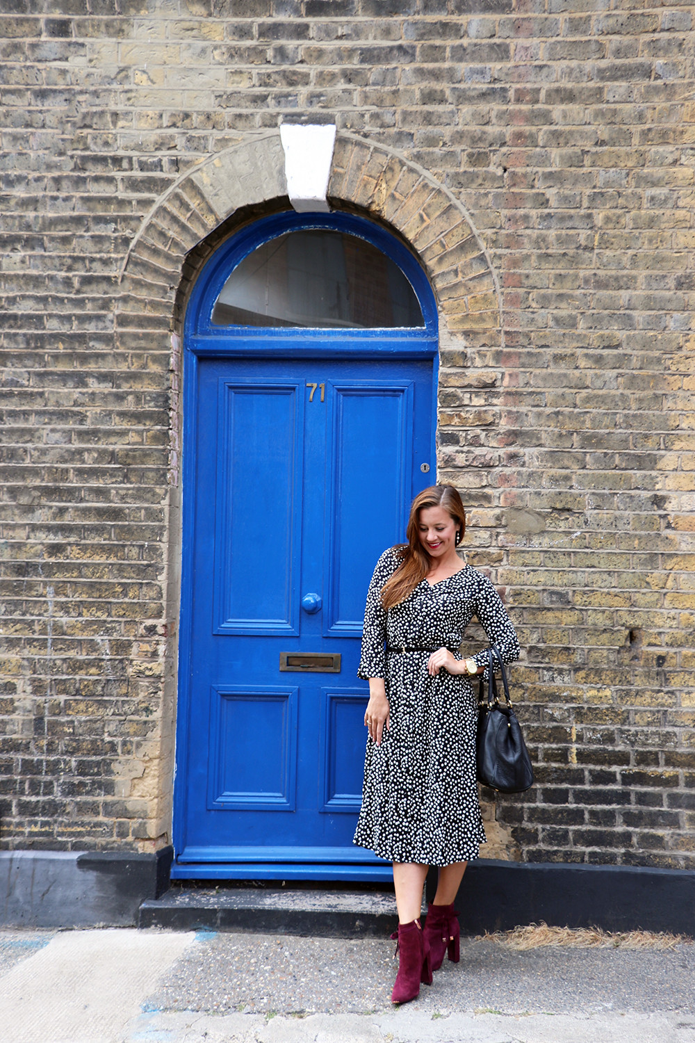 Joules Spot Print Dress and Prada Vitello Daino Shopper