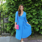 London Blogger in Hobbs Cassie Cobalt Wrap Dress and kate spade charlotte street bag