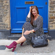 London Blogger in Polka Dots, Prada Shopper and Ted Baker Purple Suede Boots
