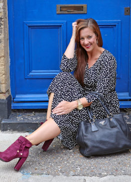 London Blogger in Polka Dots, Prada Shopper and Ted Baker Purple Suede Boots
