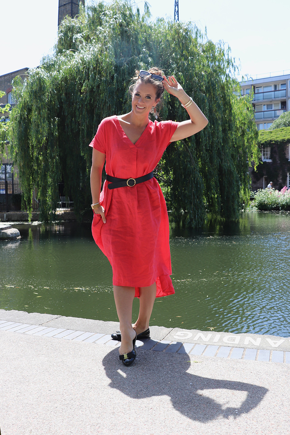Red Linen Dress with Black Belt and Shoes