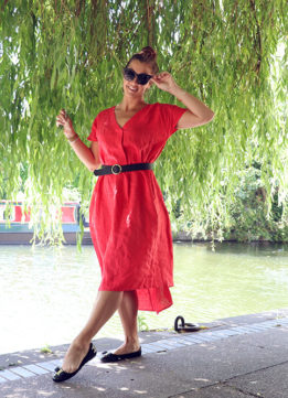 Red Linen Dress with Black Leather Nadia Belt 
