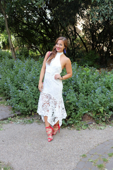White Lace Dress and Red Heels