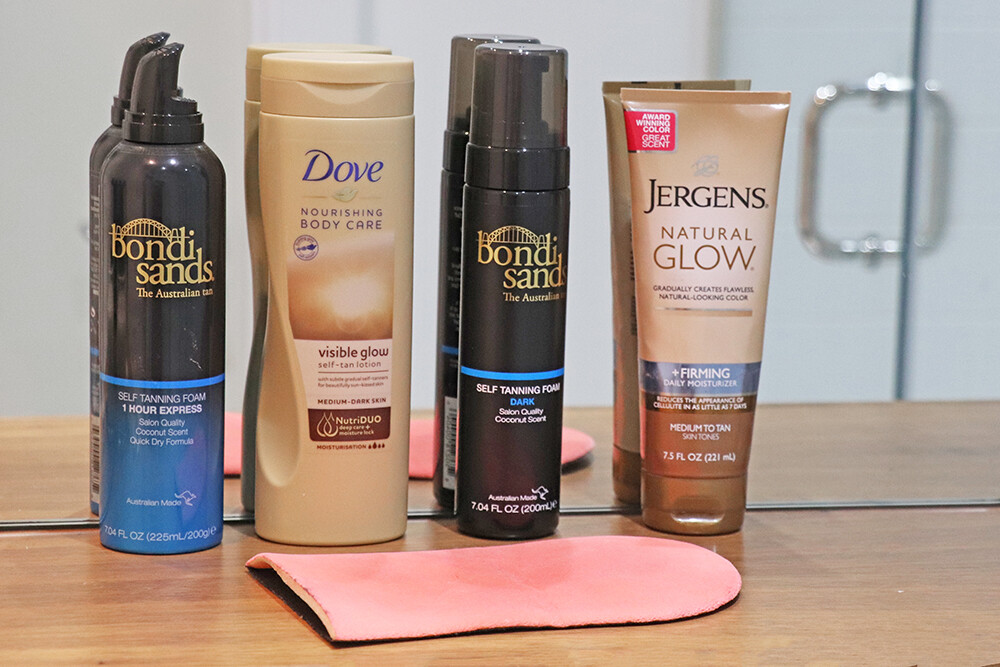 Jergens Natural Glow, Dove Visible Glow Lotion, and Bondi Sands Tanning Foam