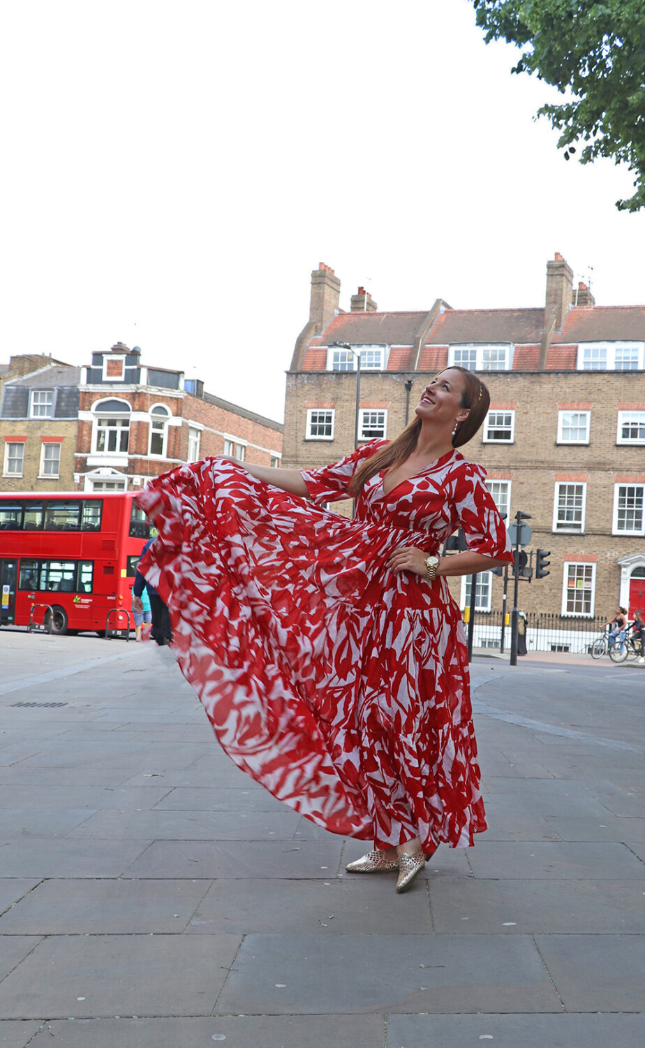 John Lewis Red Dress with Star Headband and Gold Mules