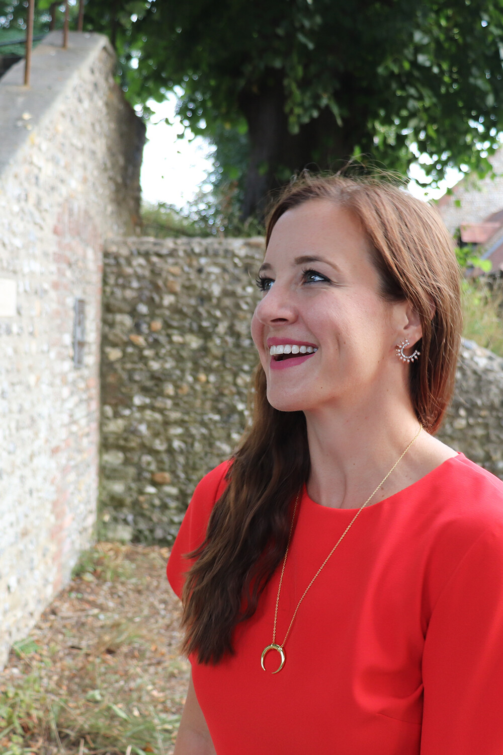 London Fashion Blogger wearing Gorjana Cayne Crescent Pendant Necklace and Warehouse Red Crepe Mini Dress