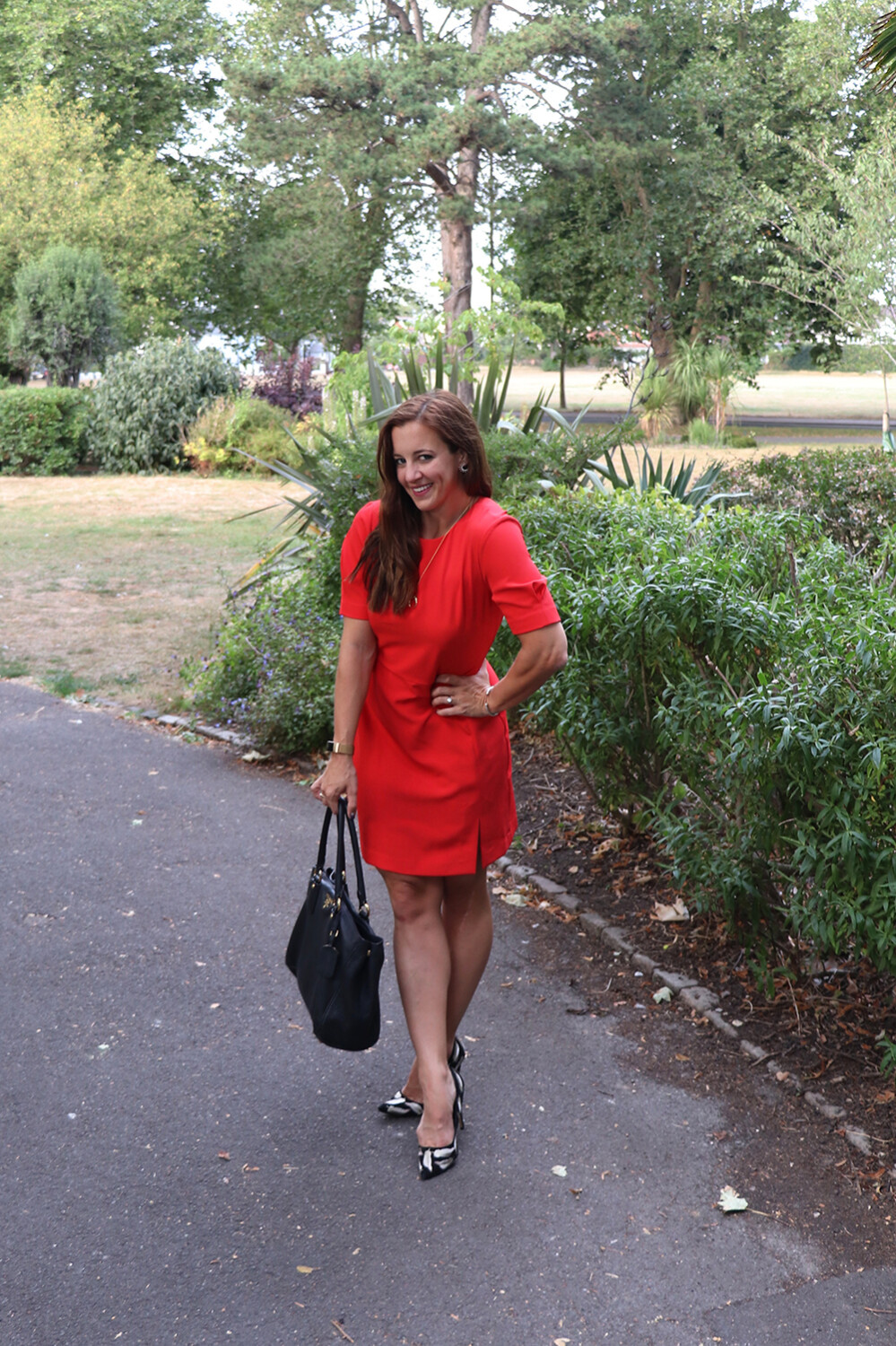 Warehouse Short Sleeve Crepe Mini Dress and Feather Pumps