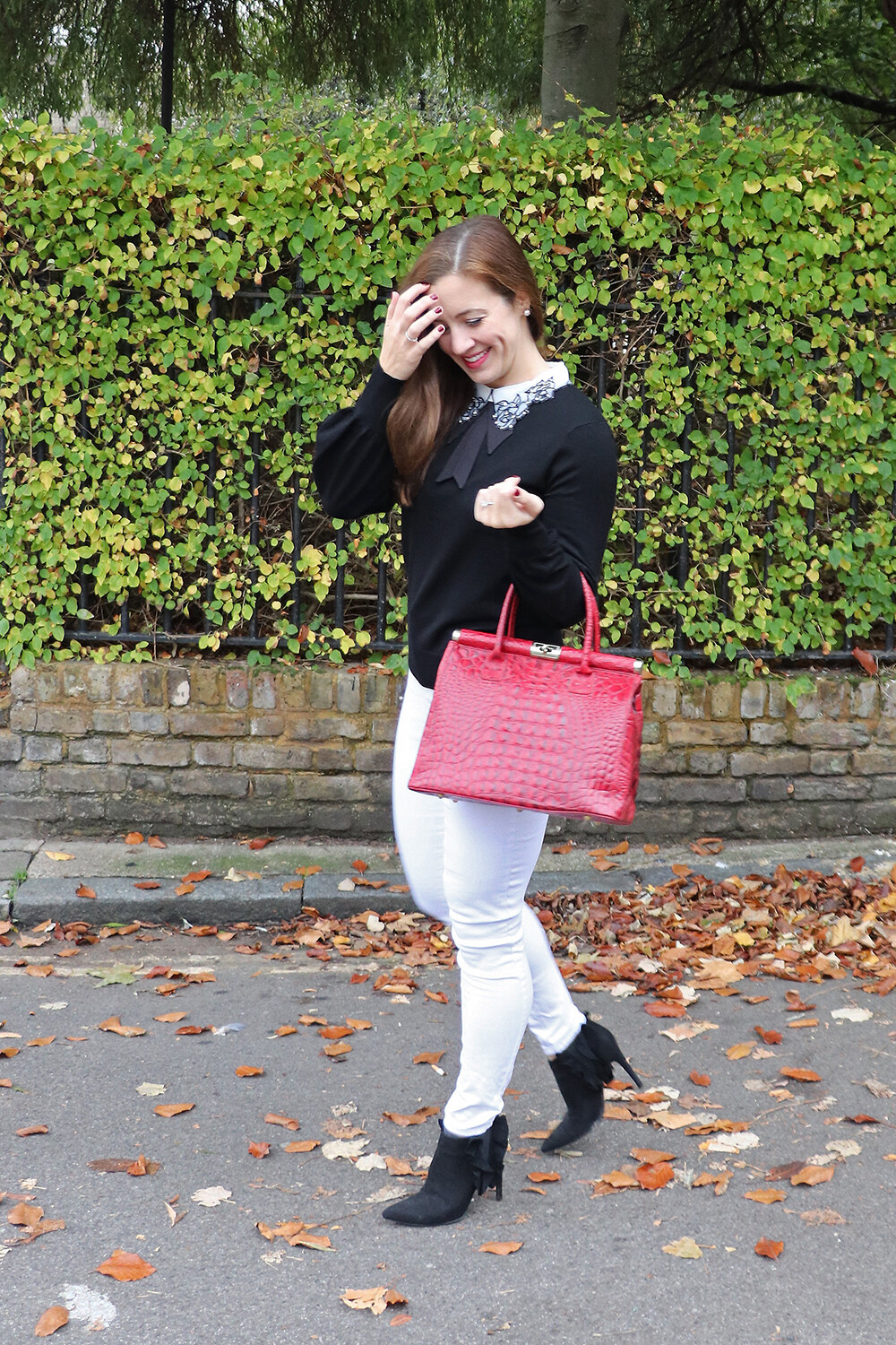 Balloon Sleeve Collared Jumper with white AG jeans and a Red Croc Handbag