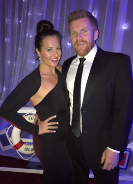 Kelly and Mark at Military Ball wearing Shashi Aurora Pearl Drop Earrings