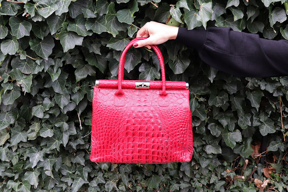 Red Croc Embossed Leather Handbag from Italy