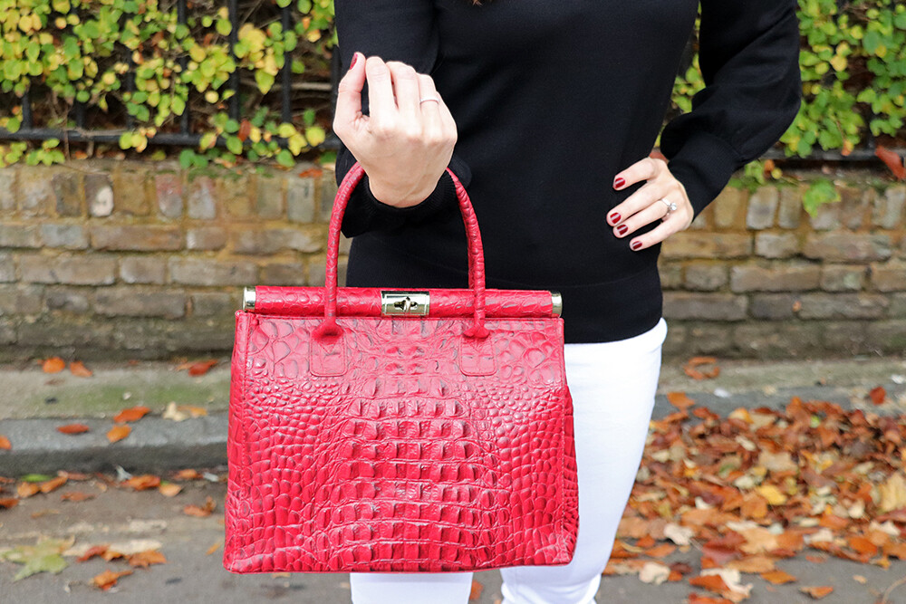 Red Croc Embossed Leather Handbag