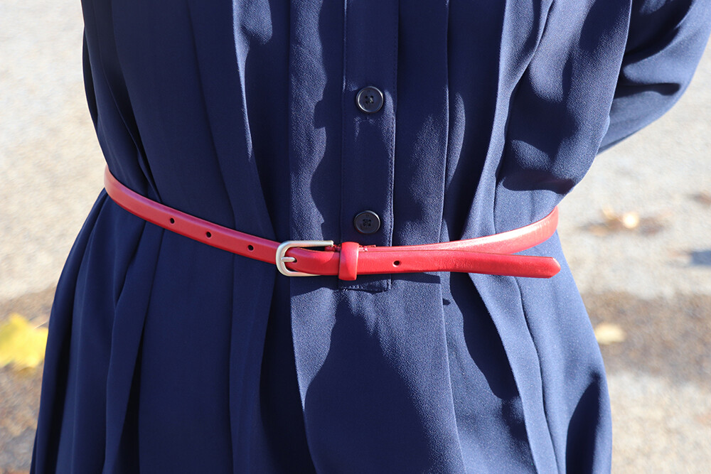 Navy Pleats and Red Skinny Belt