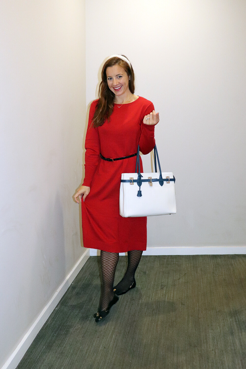 Red Dress and White Italian Leather Handbag