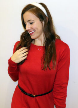 Red Knit Boat Neck Dress and Zodiac Constellation Necklace