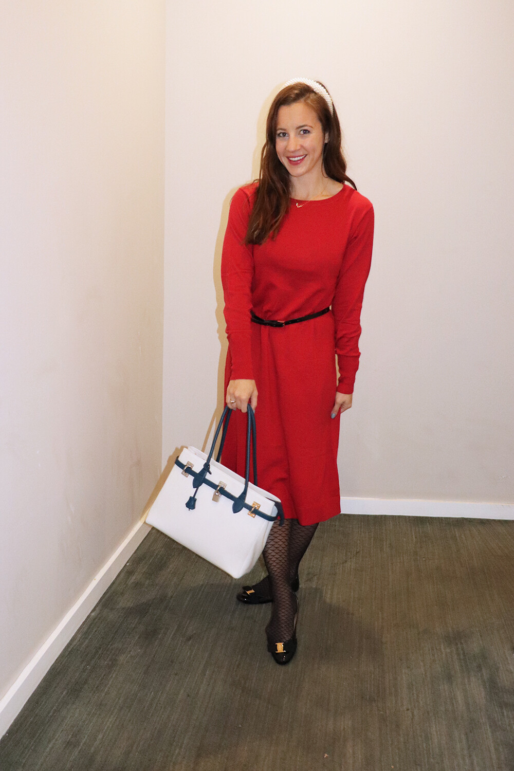 Red Knit Boat Neck Dress and a White Italian Leather Handbag