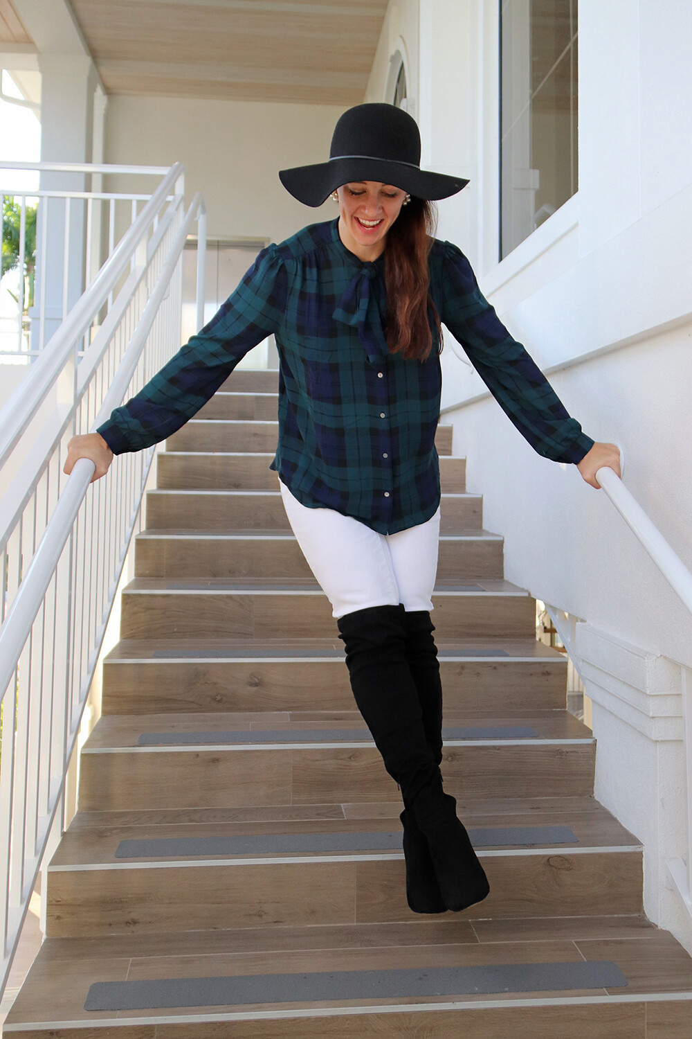 Black Felt Hat with Black Watch with Bow Blouse