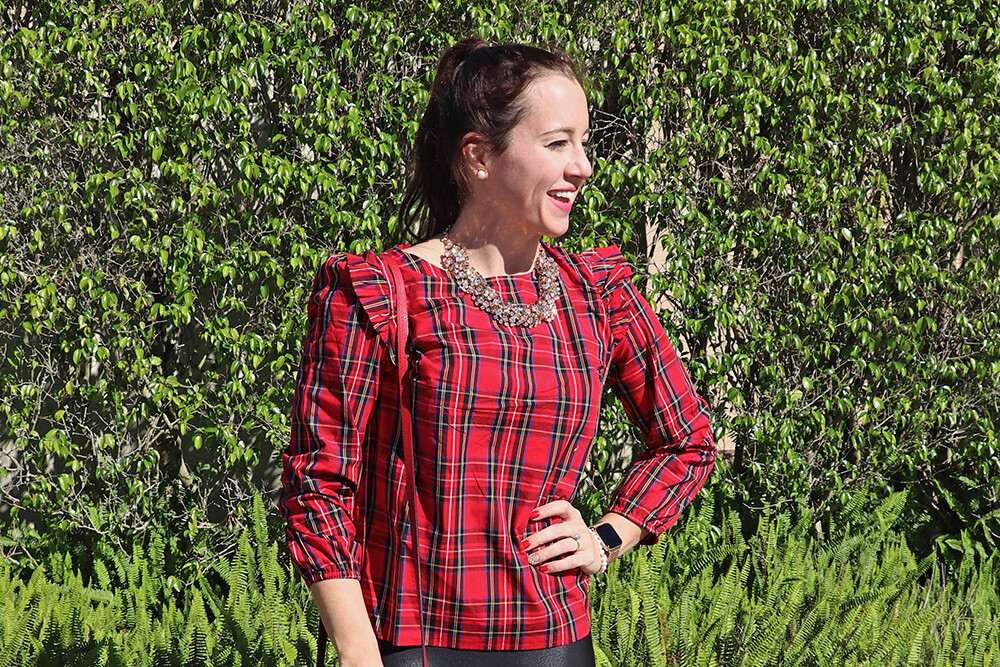 J Crew Tartan Ruffle Top and SUGARFIX by BaubleBar Braided Statement Necklace