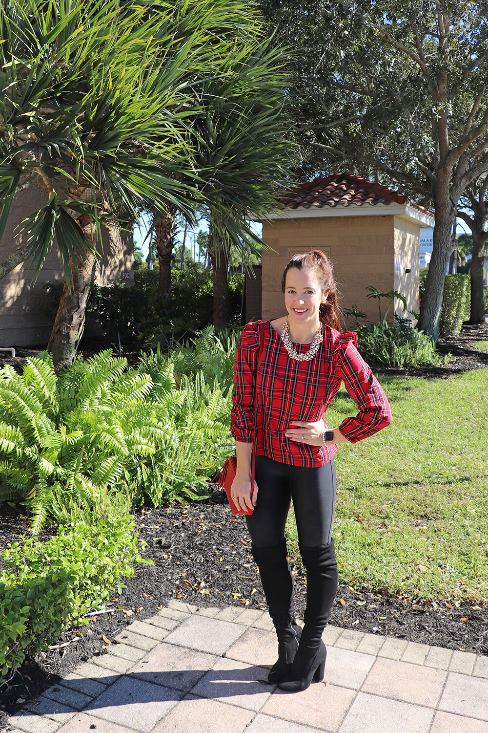 J Crew Tartan Ruffle Top&nbsp;with Statement Necklace