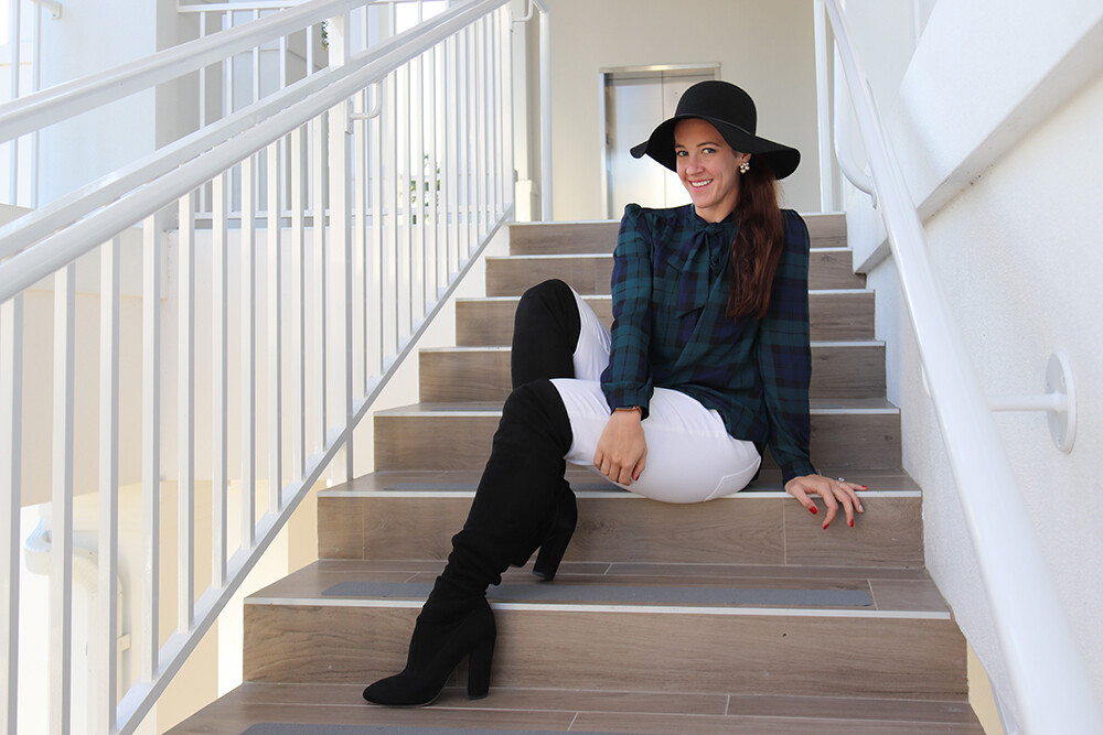 London Fashion Blogger in Black Watch with Bow and White Jeans