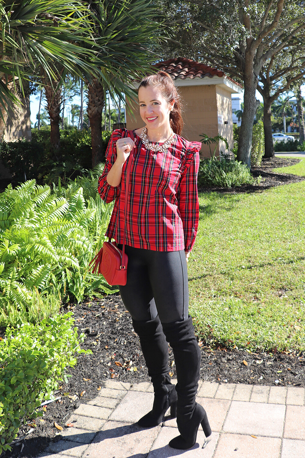 Red, Black, Over the knee boots, and BaubleBar Statement Necklace