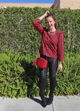 Red Top, Gucci Bag, and  Spanx Faux Leather Leggings