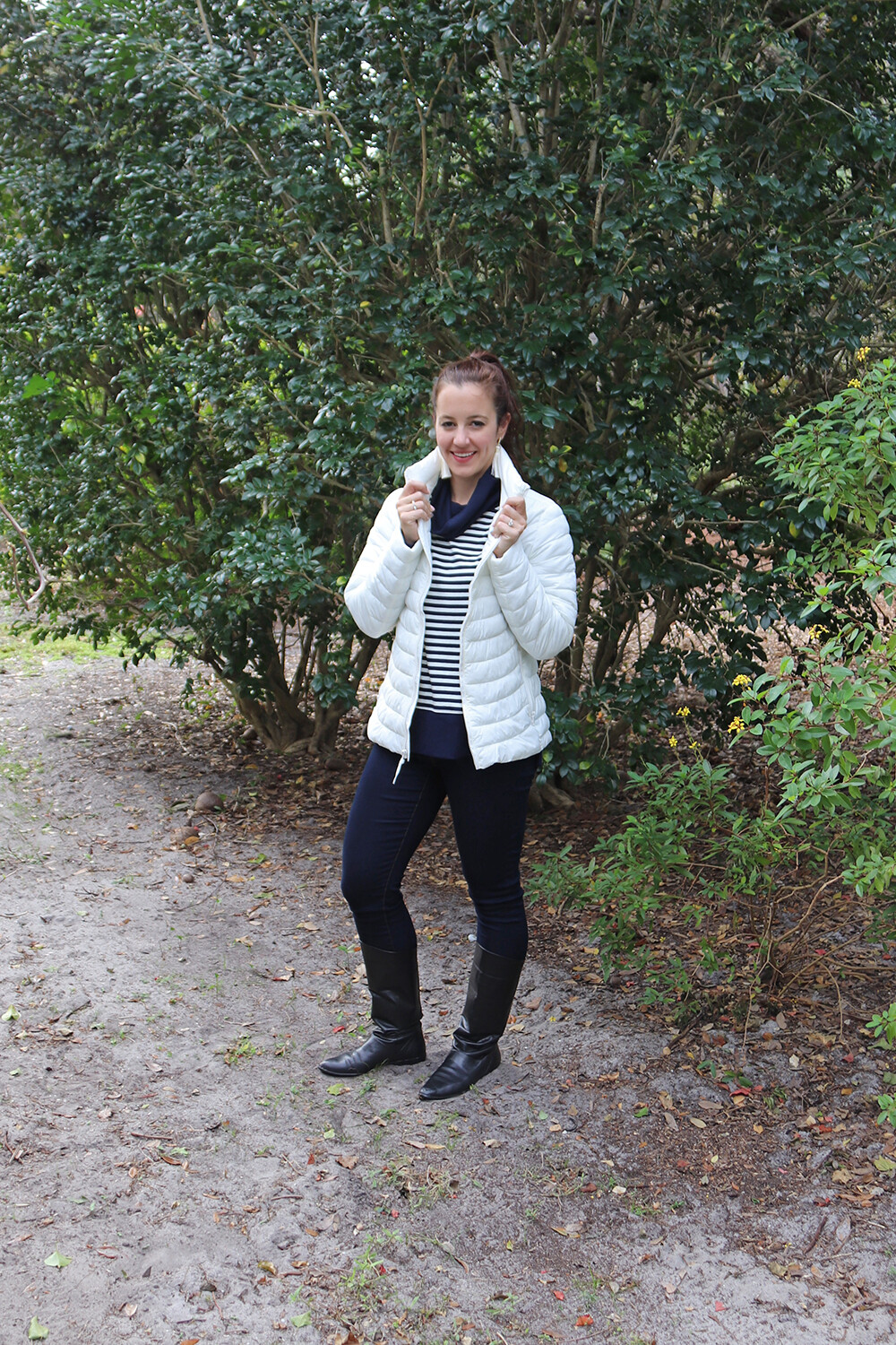 White Puffer with Gap Softspun Cowl Neck Stripes Top