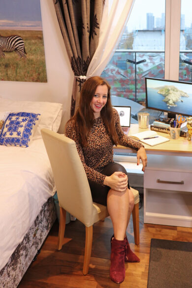 Work form Home Style - Leopard Sweater and Ted Baker Qatena Tie Block Heel Ankle Boots in Purple Suede