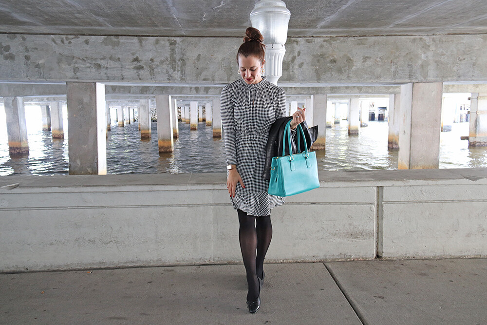 JCrew Dress and Teal Leather Bag from Florence