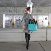 London Fashion Blogger in a Houndstooth Smockneck Dress and Teal Bag