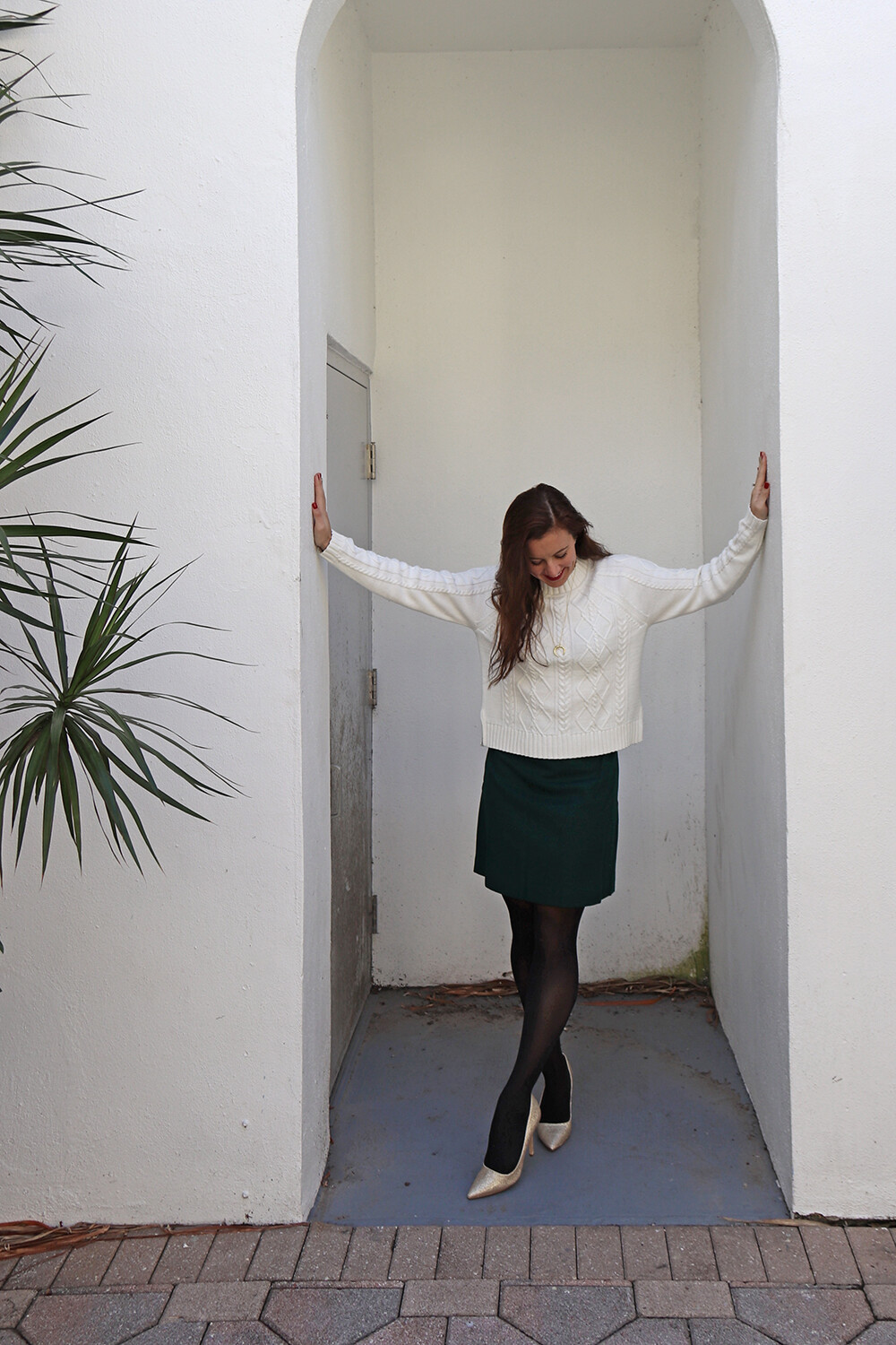 White Sweater and Green Skirt 