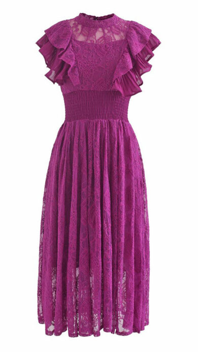 Chicwish Tiered Ruffle Sleeveless Midi Lace Dress in Magenta