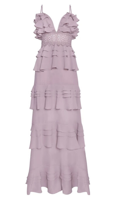 Dusty Lilac Plunge Front Tiered Ruffle Maxi Dress