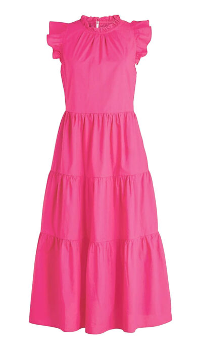 JCrew Tiered ruffle-sleeve cotton poplin dress in Neon Fuschia