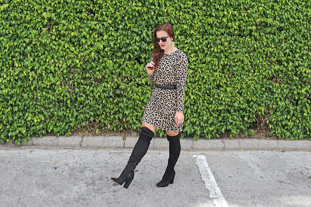 London Blogger in Leopard Sweater Dress and Over the Knee Boots