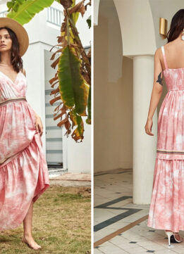 March Bestsellers - Surplice Neck Tape Detail Shirred Tie Dye Cami Dress