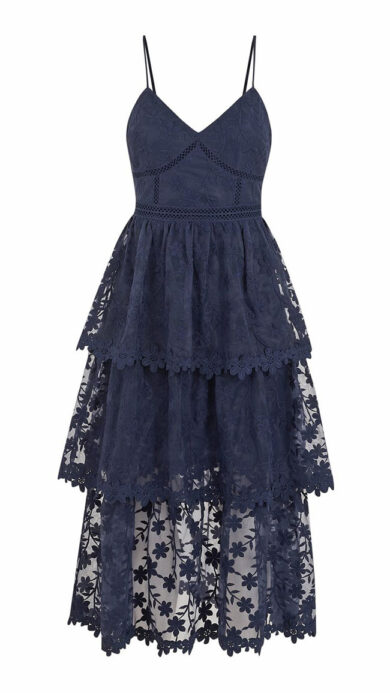 Navy Floral Lace Tiered Maxi Dress