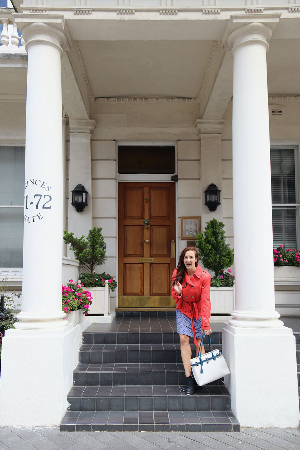 London Blogger with Coral Jacket with White Leather Bag
