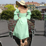 Off the Shoulder Tiered Puff Sleeve Cotton Poplin Midi Dress in Spearmint